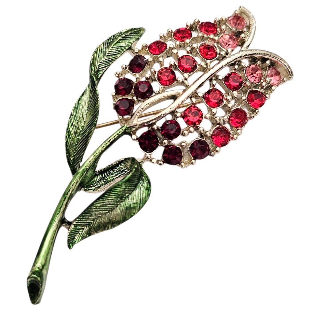1940-50 Pink Red Rhinestone Tulip Flower Brooch Green Enamel Pin